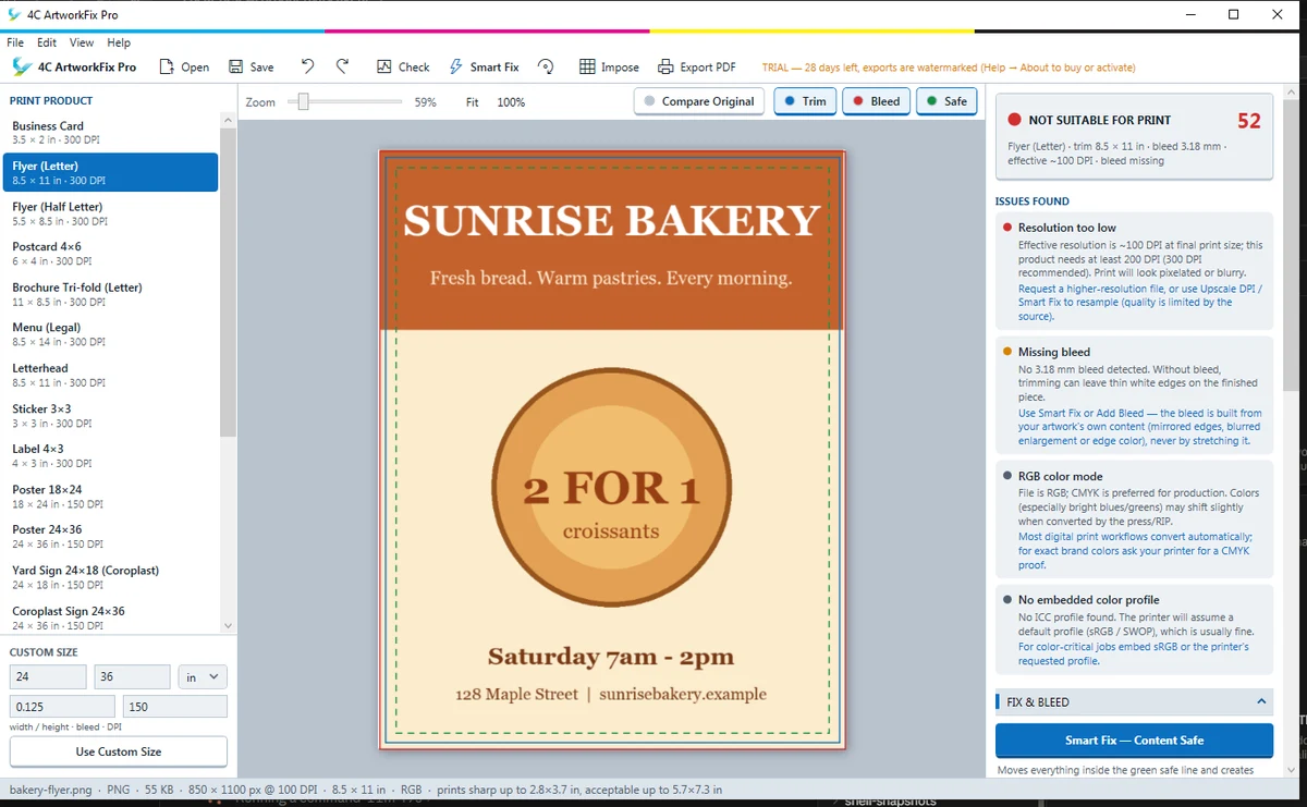 4C ArtworkFix Pro: a light press-panel editor with print products on the left and a readiness score and issue list on the right.