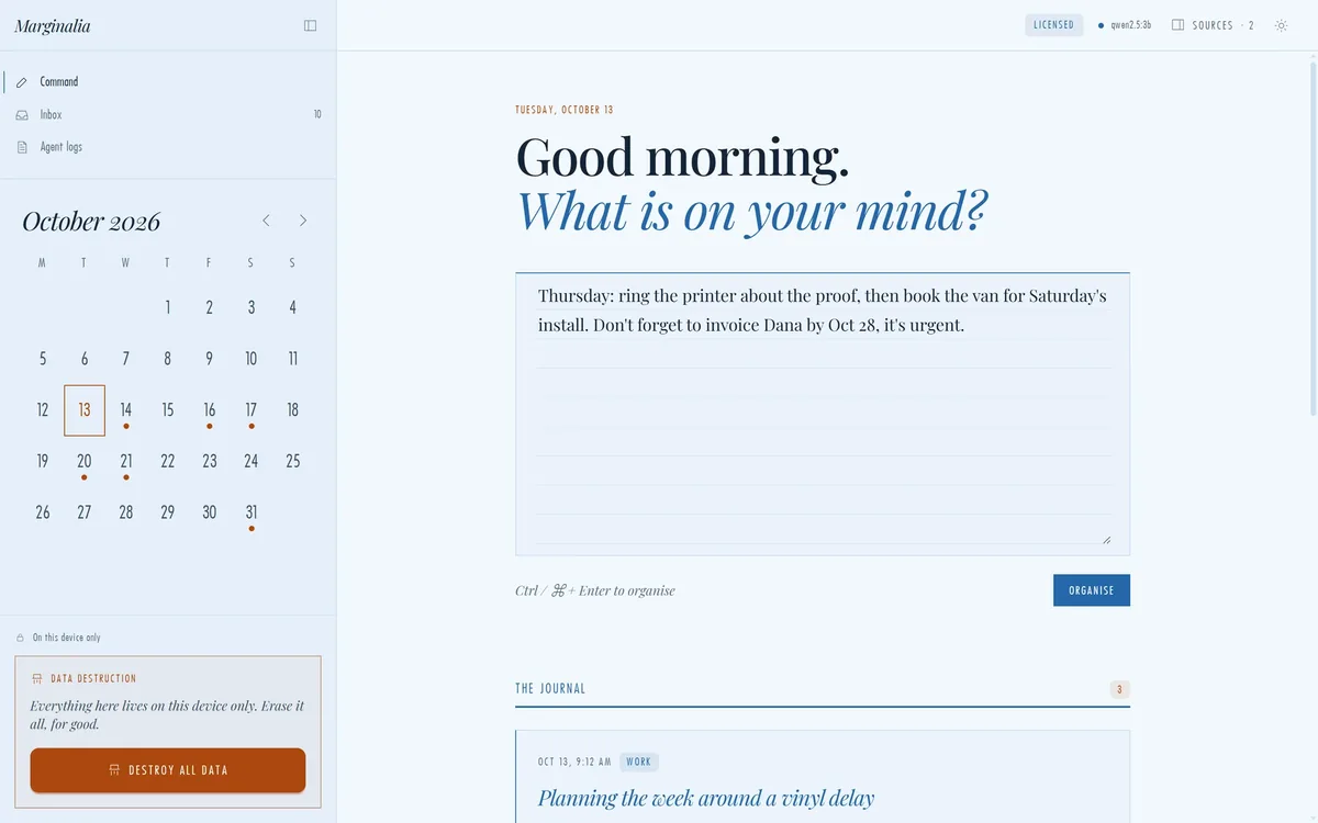 Marginalia: a window showing messy notes sorted into tasks, dates and categories.